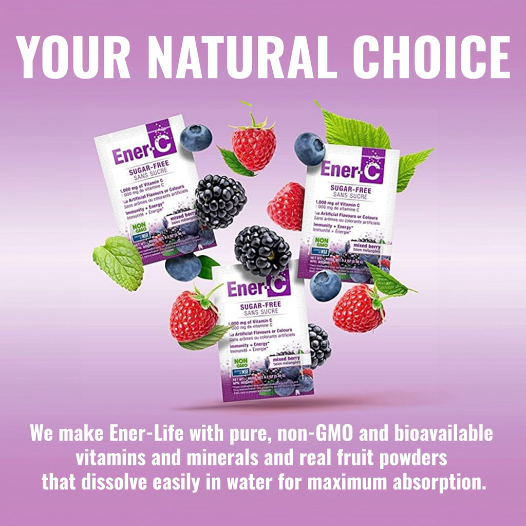Ener-C Sugar Free Energy Mixed Berry Multivitamin Drink Mix Vitamin C 1000mg & Electrolytes - Natural Immunity Support with Real Fruit Juice Powders Non-GMO Vegan & Gluten Free - 30 Count